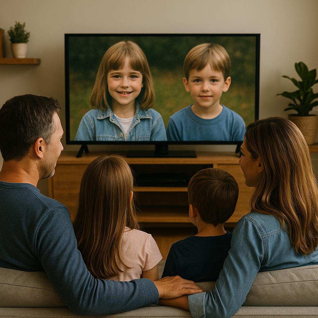 Familia viendo grabaciones de su infancia