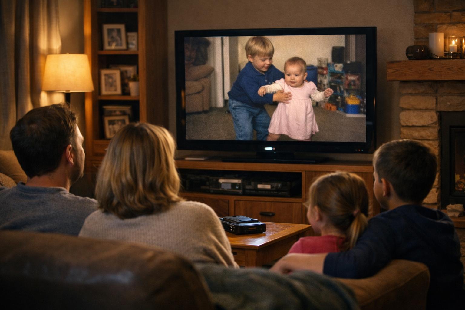 Familia viendo recuerdos de su niñez